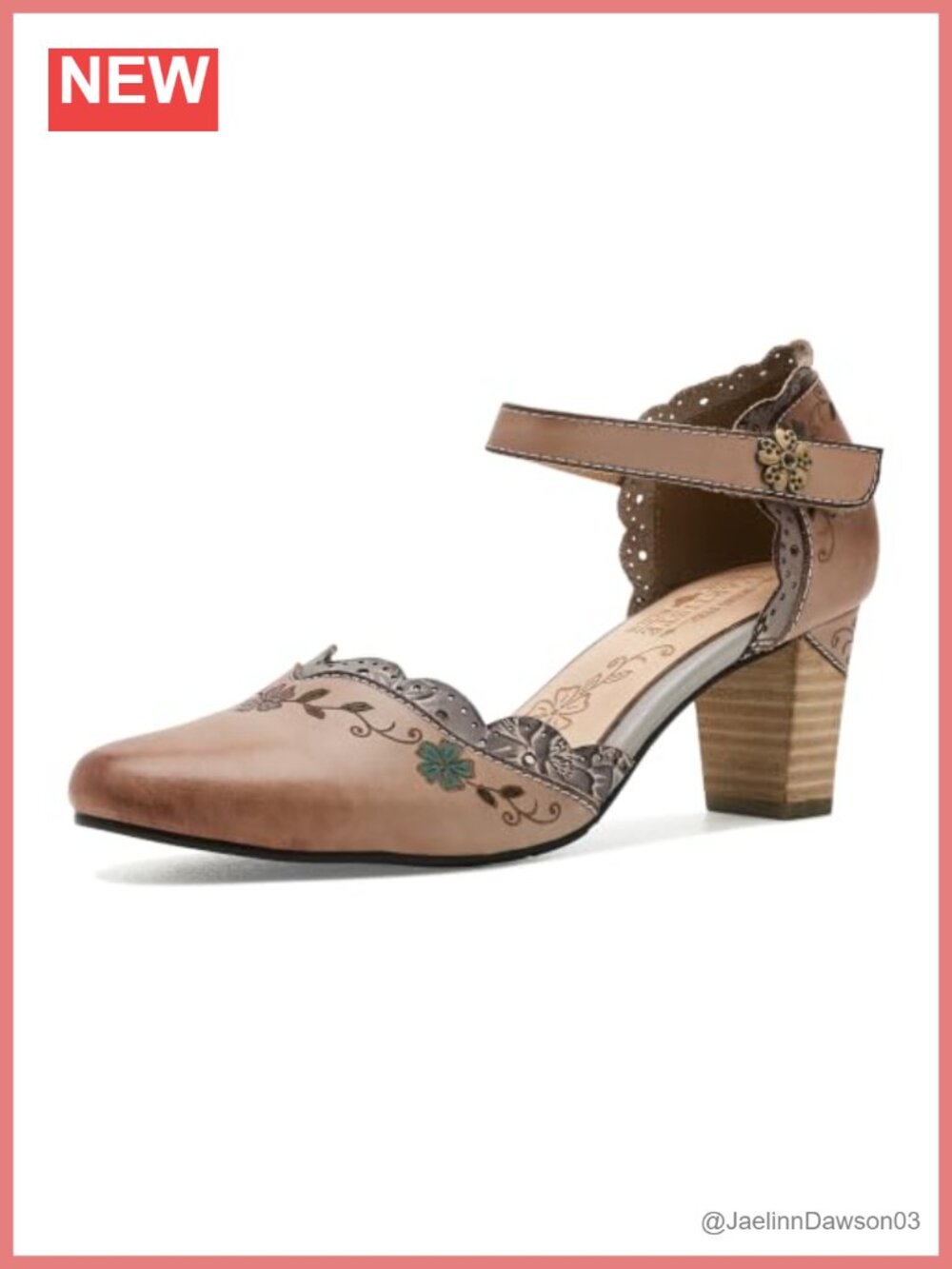 Women's Leather Embroidered Pumps Kitten Heel Hook & Loop Almond Toe